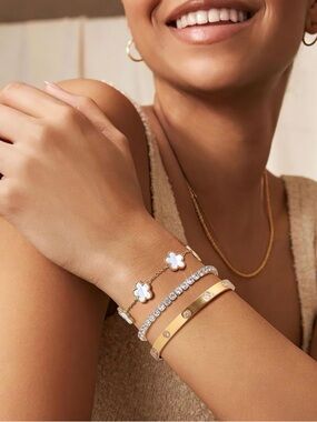 Gold Toned Clover & Crystal Bracelet Stack - Women